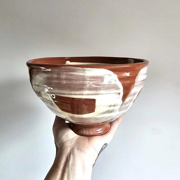 Handmade Other - Vintage Glazed Red Clay Bowl: Hand Thrown Terra Cotta Salad Bowl